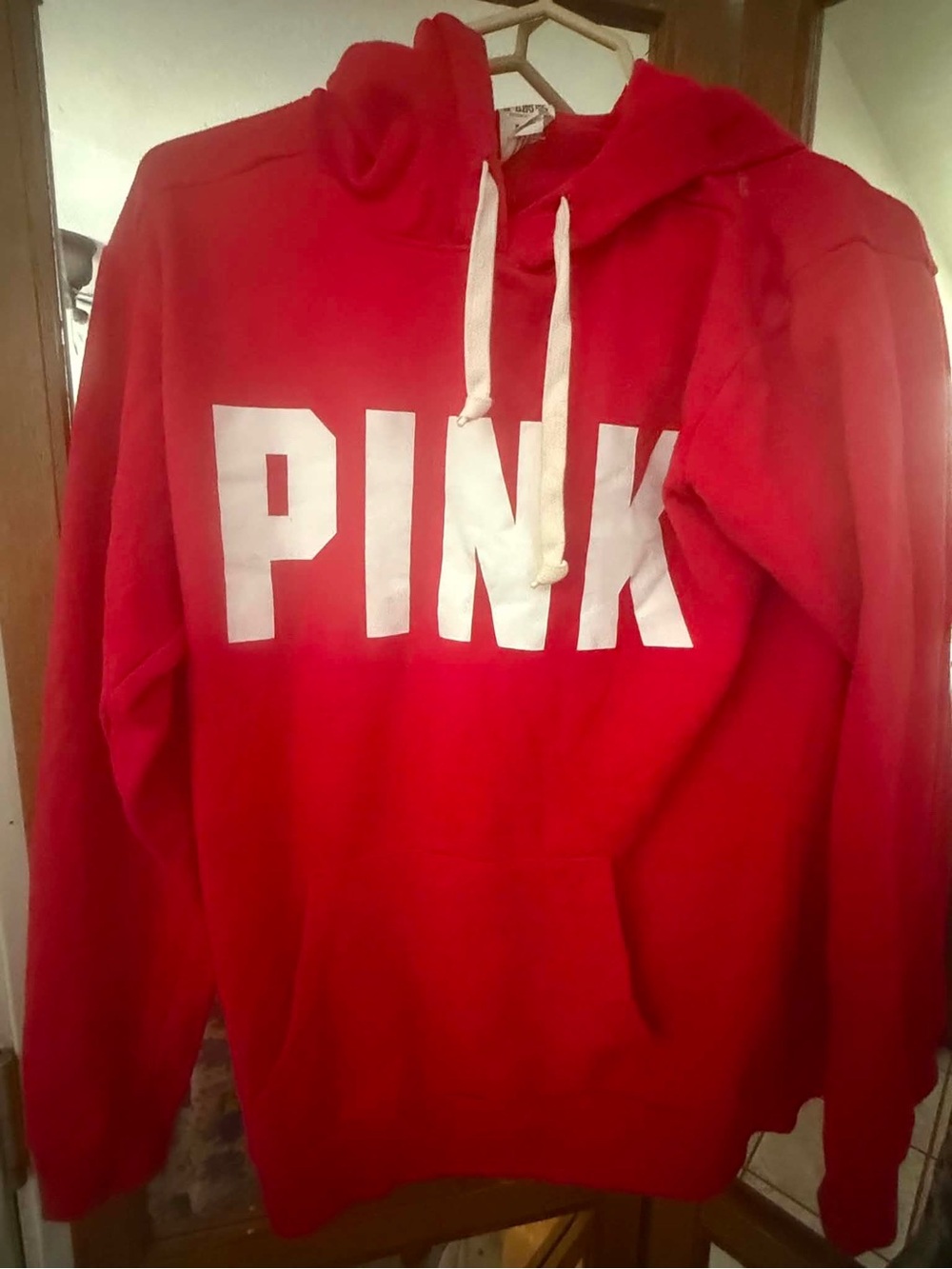 PINK Victoria's Secret Red Crewneck Hoodie with White Logo
